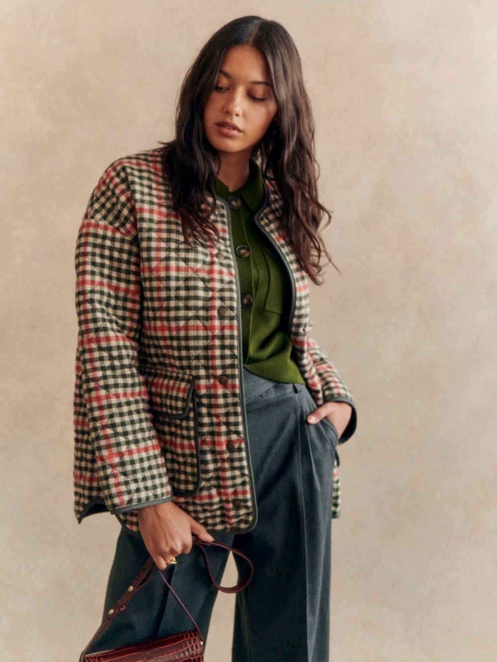 Sezane Farel Jacket Olive Green Orange Check
